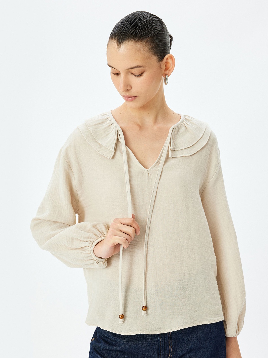 

Koton Women Tie-Up Neck Cotton Top, Beige