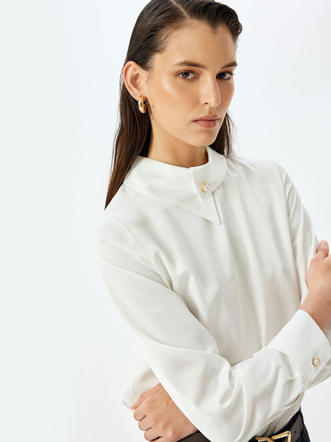 Koton Women Mandarin Collar Top, Off white