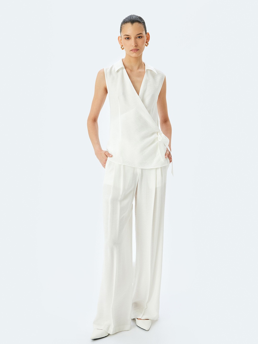 

Koton Women Shirt Collar Wrap Top, Off white