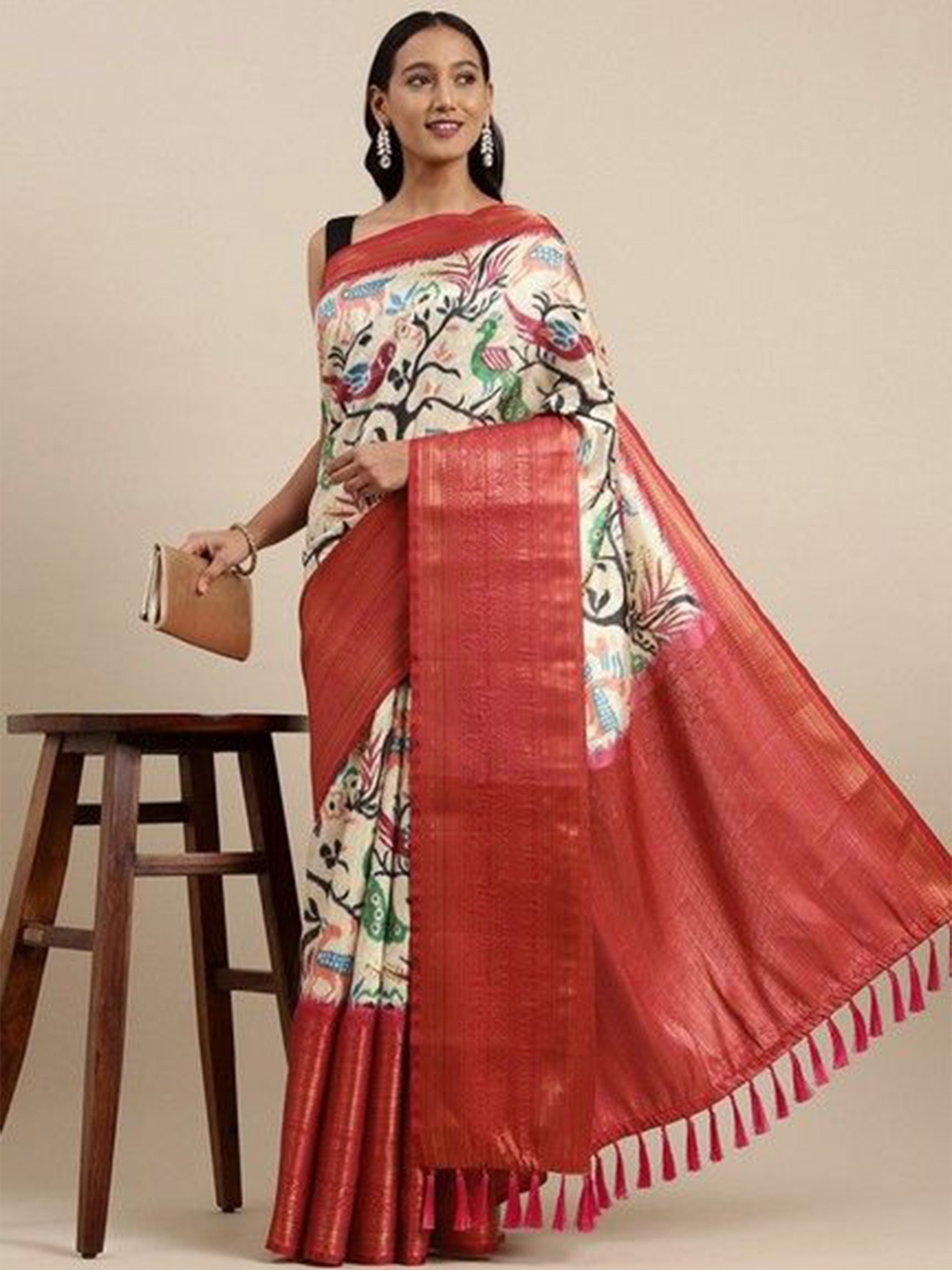 

VARNI FABRICS Floral Woven Design Pure Silk Banarasi Saree, Beige