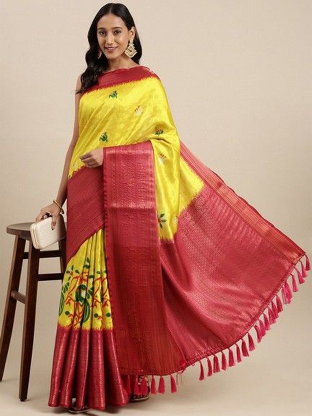 

VARNI FABRICS Woven Design Zari Pure Silk Banarasi Saree, Yellow