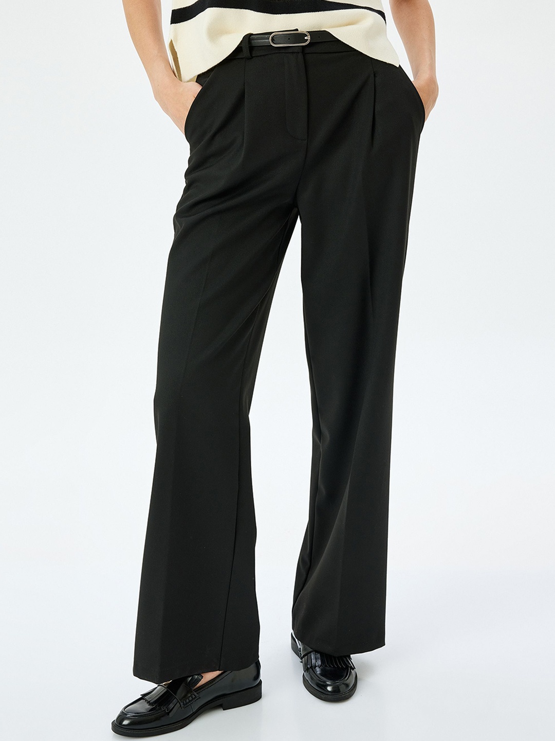 Koton Women High-Rise Regular Fit Parallel Trousers, Black