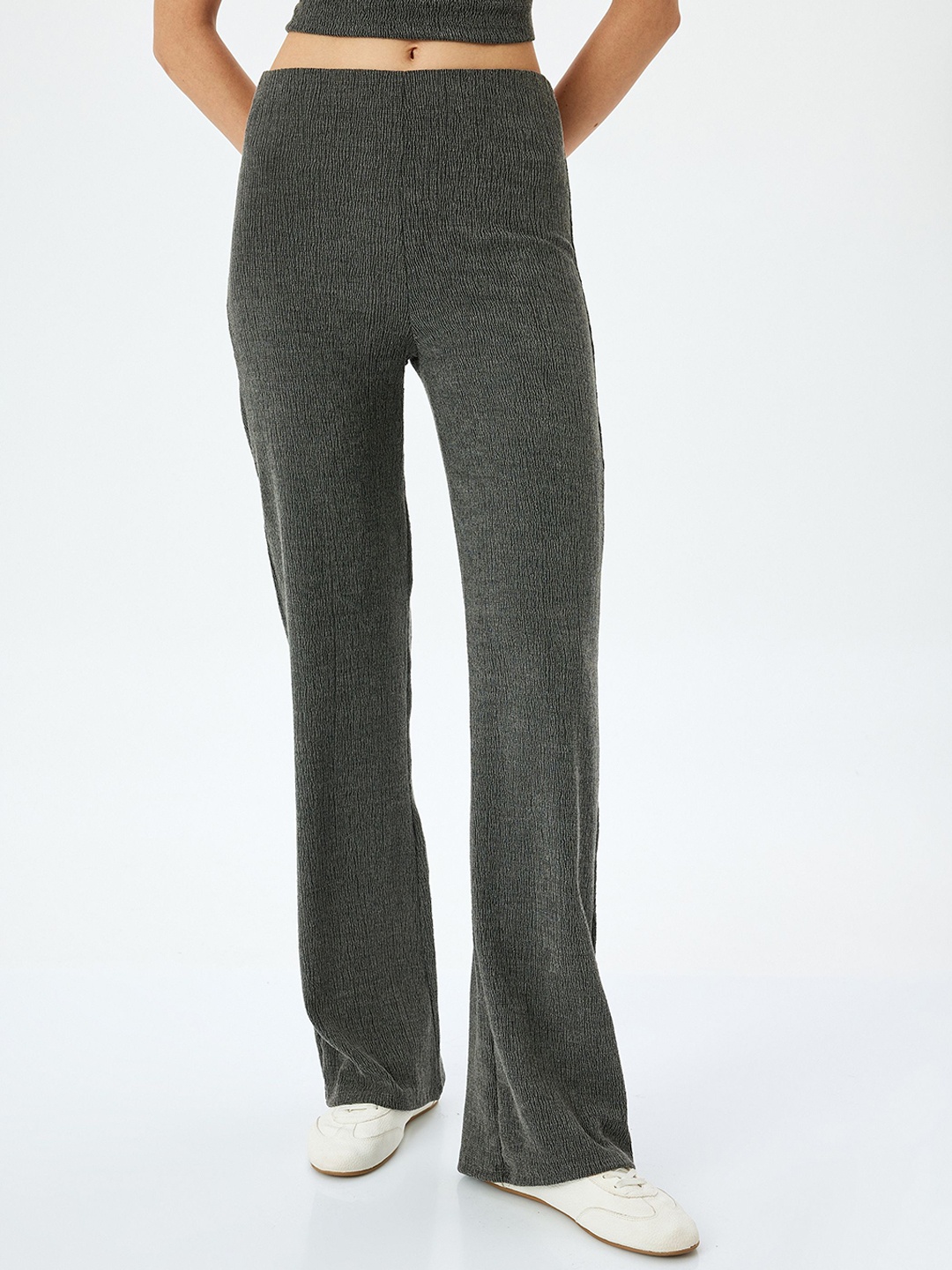 

Koton Women High-Rise Bootcut Trousers, Grey