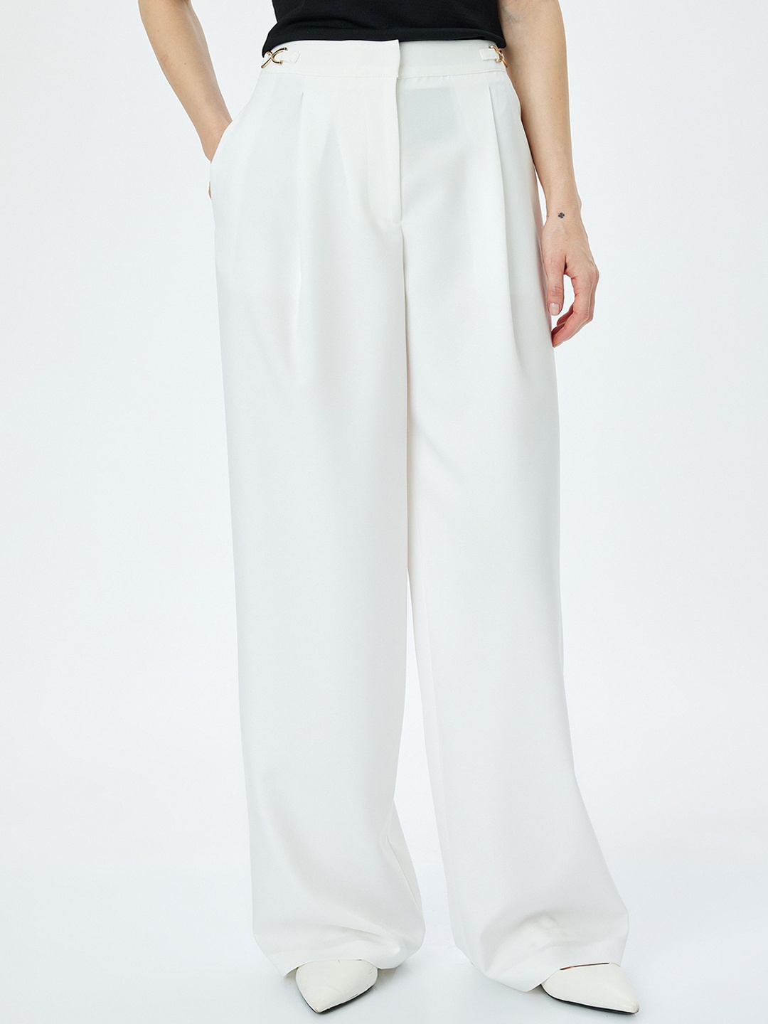 

Koton Women High-Rise Pleated Wide Leg Loose Fit Trousers, White