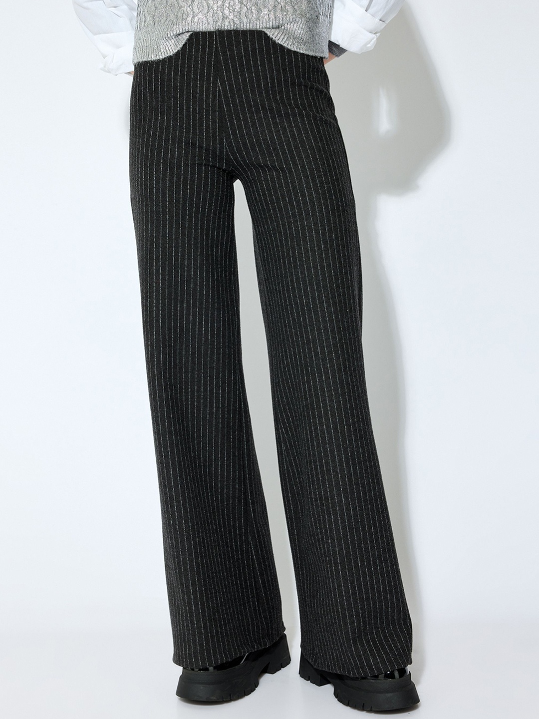 

Koton Women Striped Parallel Trousers, Grey