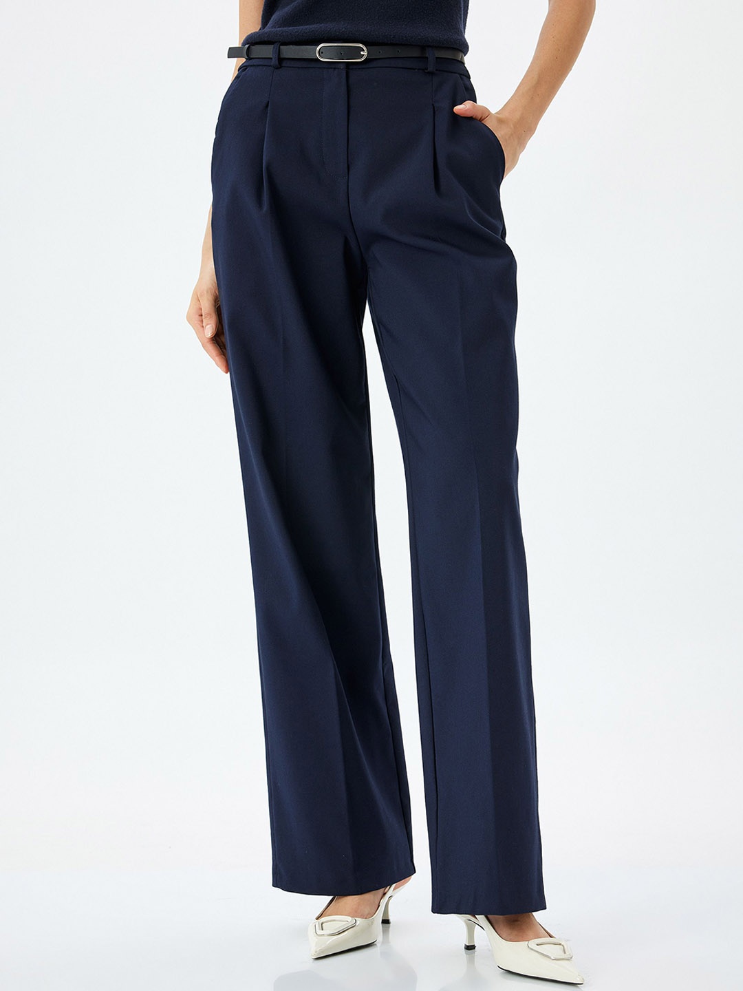Koton Women Regular Fit High-Rise Trousers, Blue