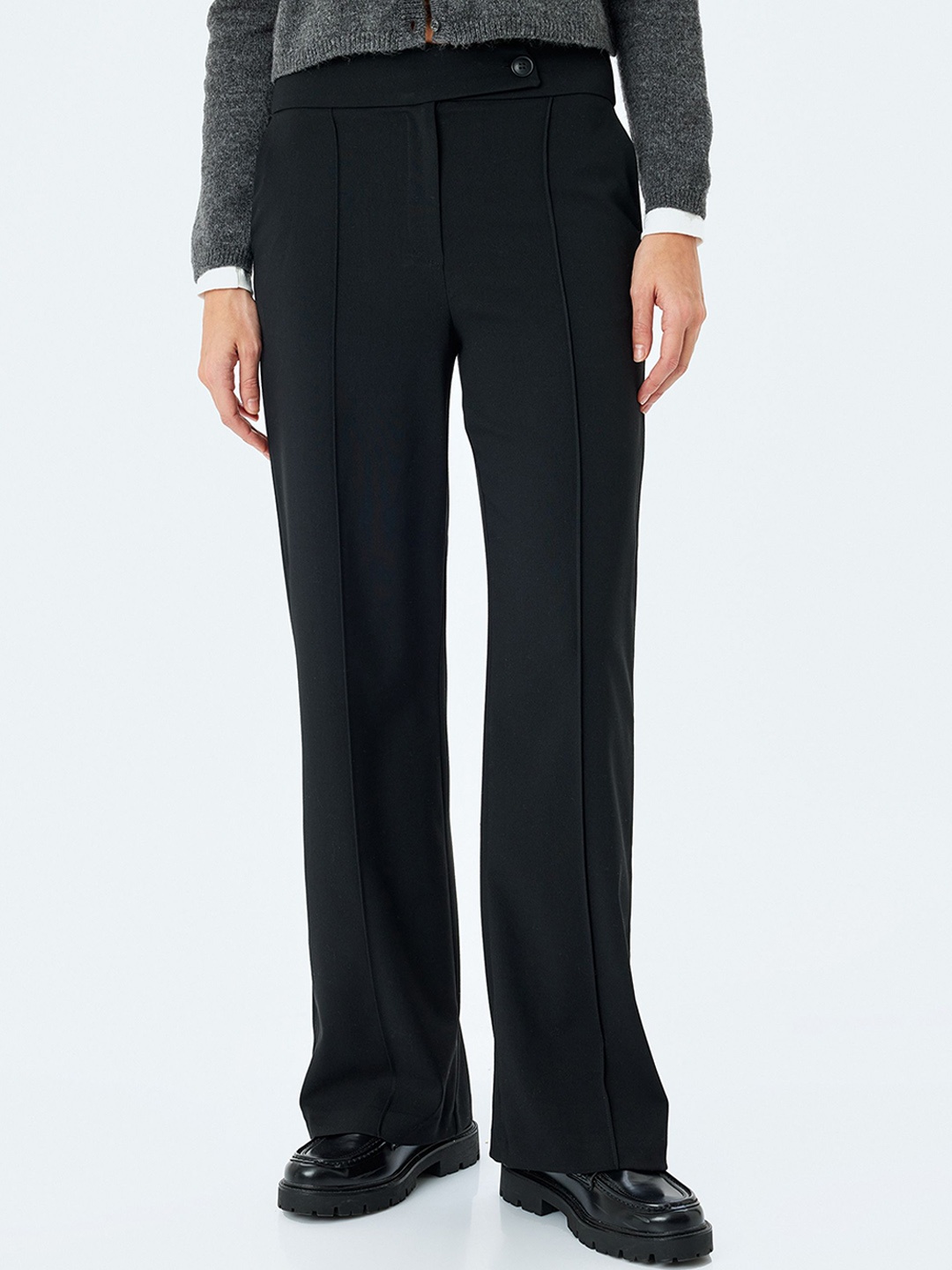 Koton Women Straight Fit Mid-Rise Parallel Trousers, Black