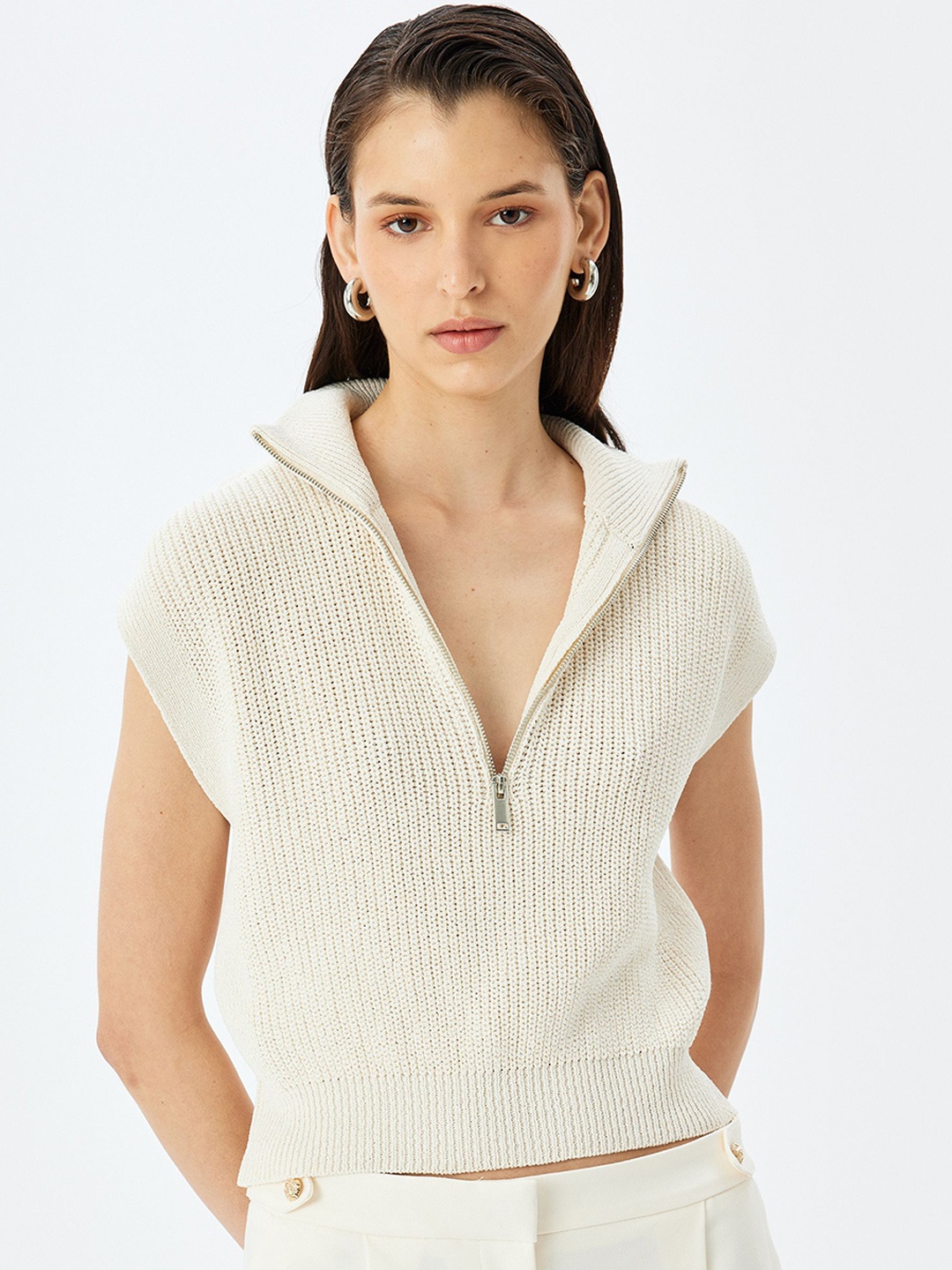 

Koton Boucle Mock Collar Crop Sweater Vest, Beige