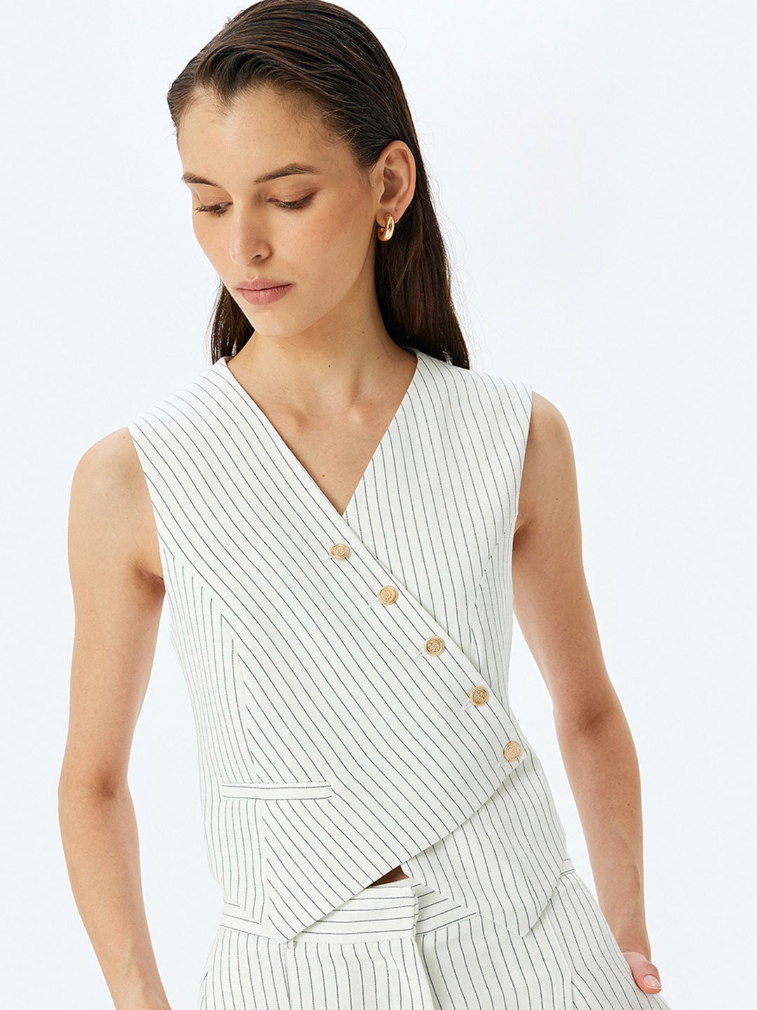 

Koton Striped Wrap V Neck Waistcoat, White