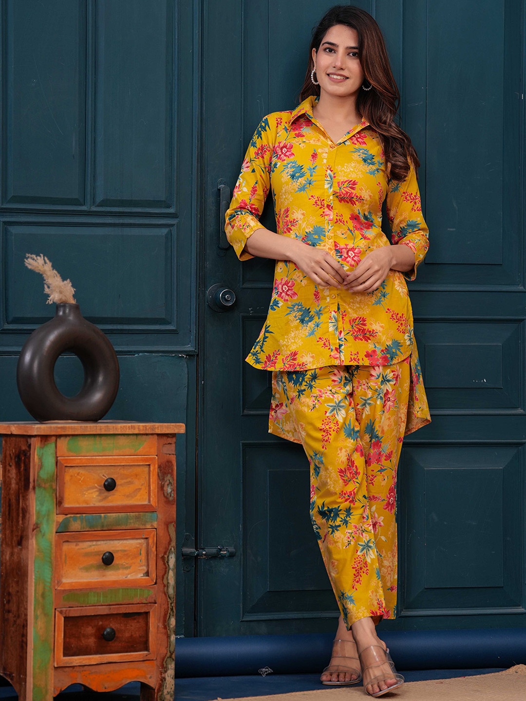 

Nayo Shirt Collar Printed Pure Cotton Top With Trousers, Yellow