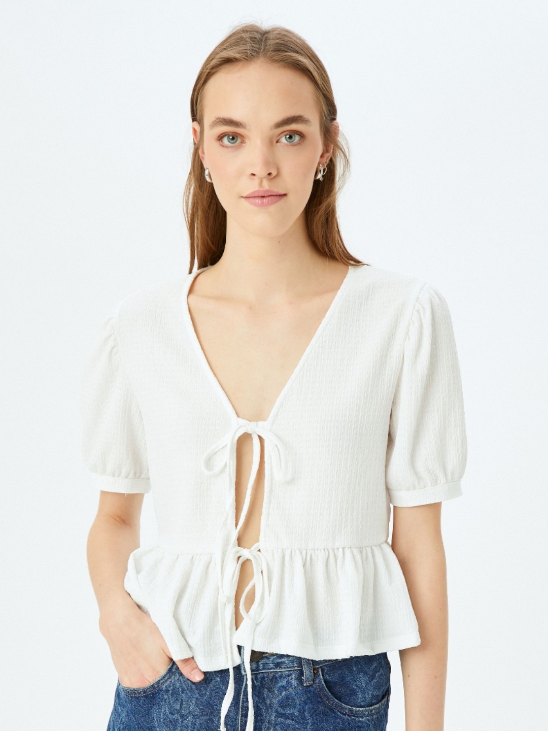 

Koton Women Self Design V-Neck Lace Inserts Peplum Top, White