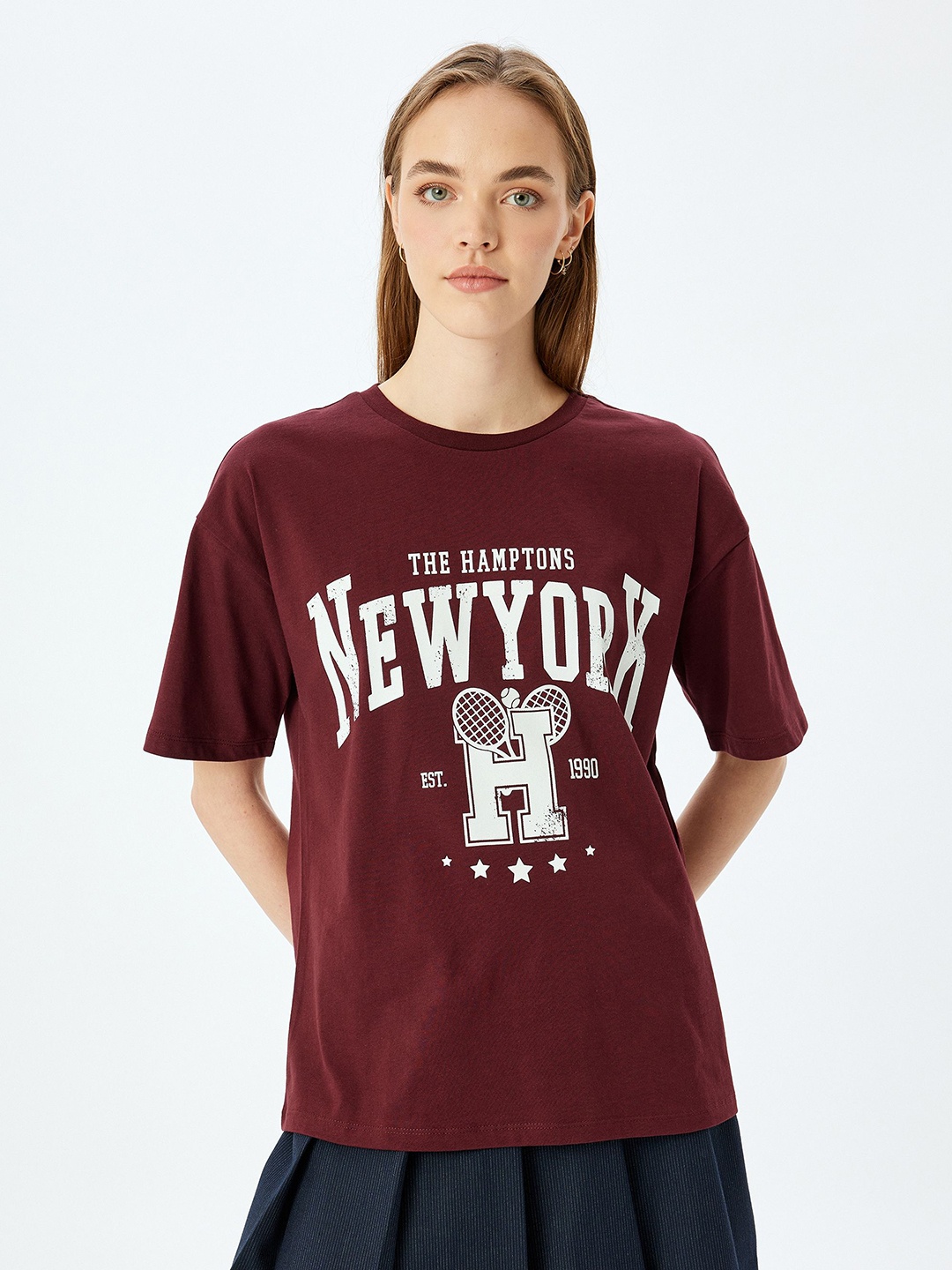 

Koton Women Typography Printed Round Neck Cotton Oversized T-shirt, Burgundy