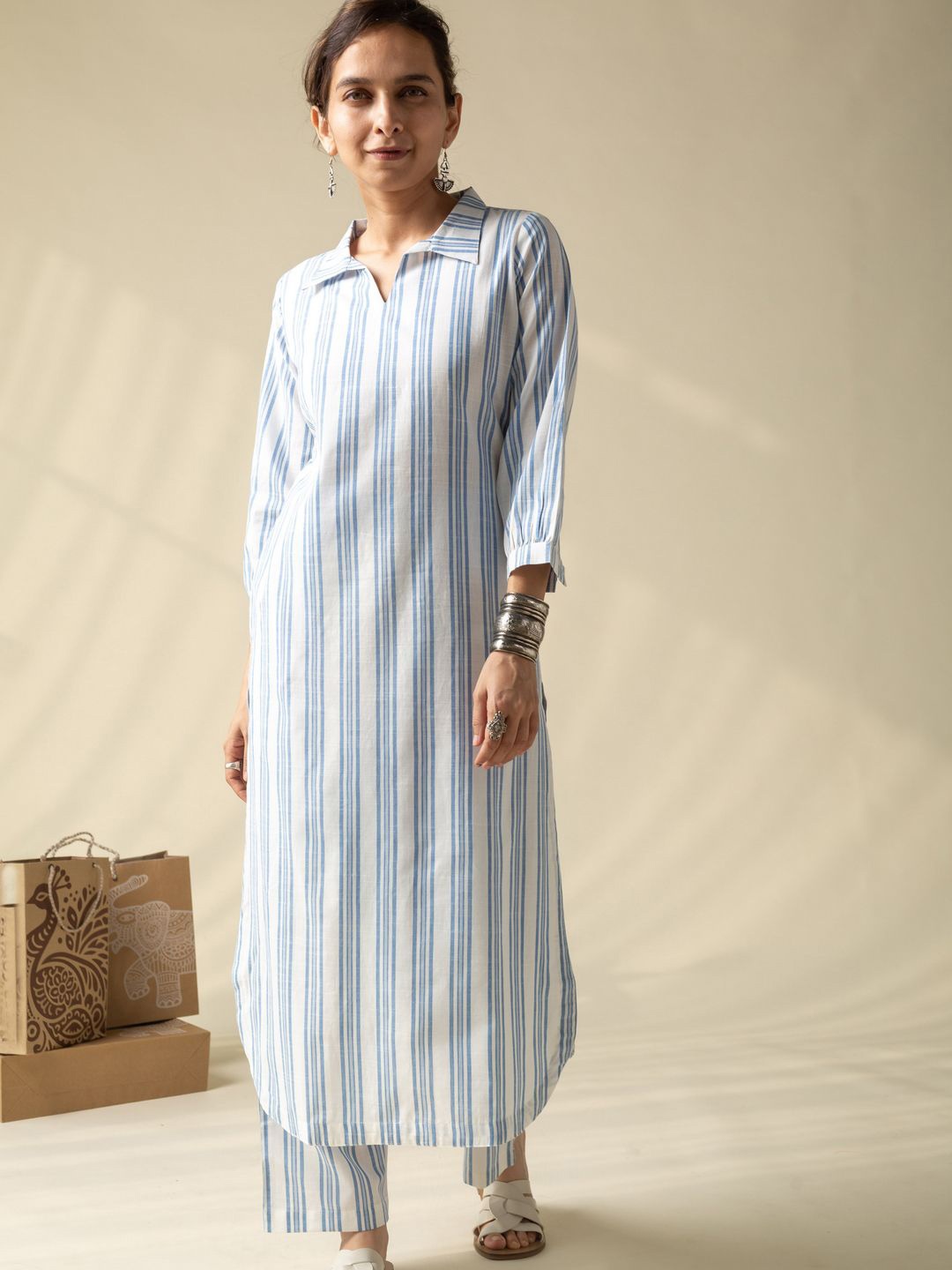 KUSVAA Shirt Collar Striped Cotton Tunic With Trouser, White