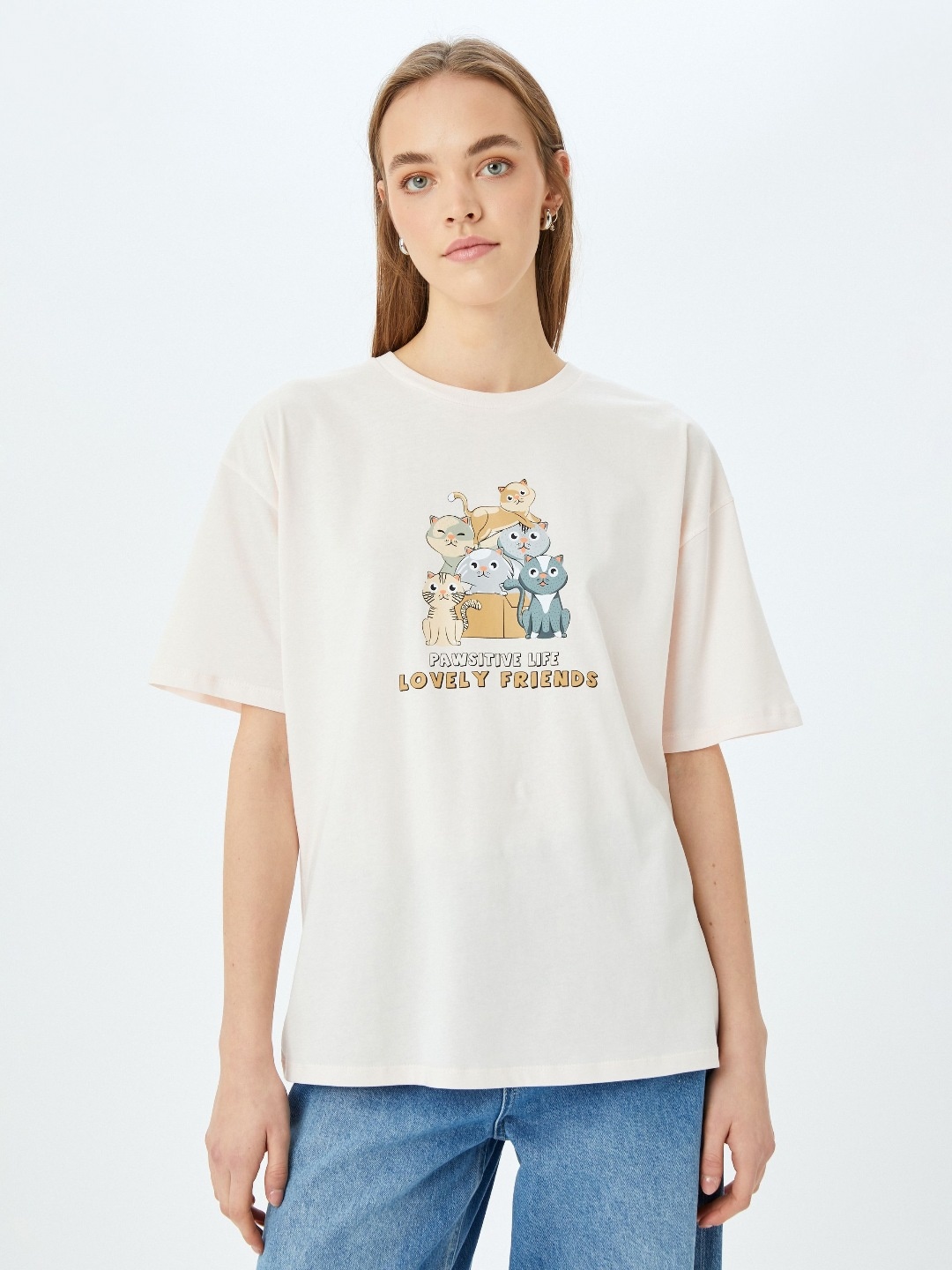 

Koton Women Graphic Printed Round Neck Cotton Oversized T-shirt, Peach