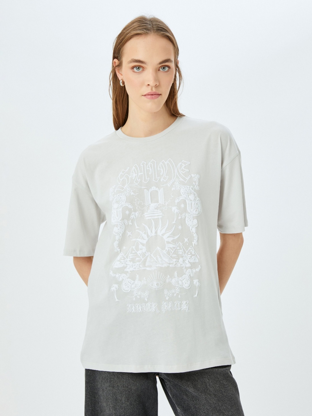 

Koton Women Graphic Printed Round Neck Cotton Oversized T-shirt, Grey