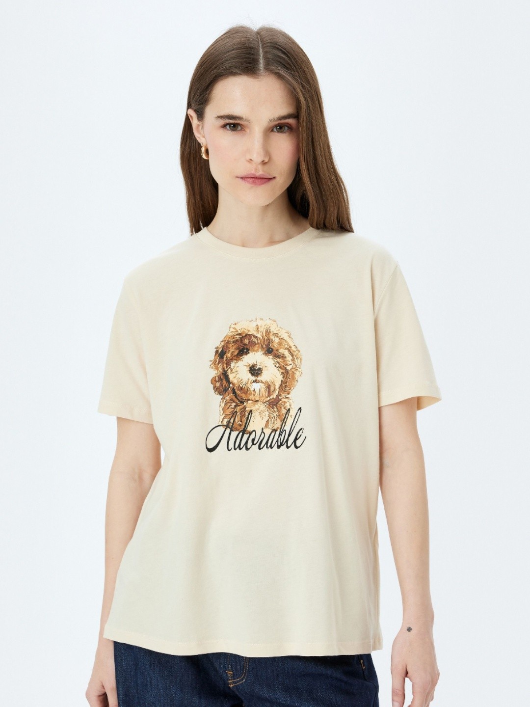 

Koton Women Graphic Printed Round Neck Cotton T-shirt, Beige