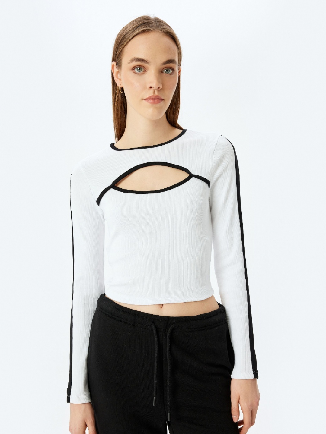 Koton Women Sports Solid Cut Out Round Neck Cotton Top, White