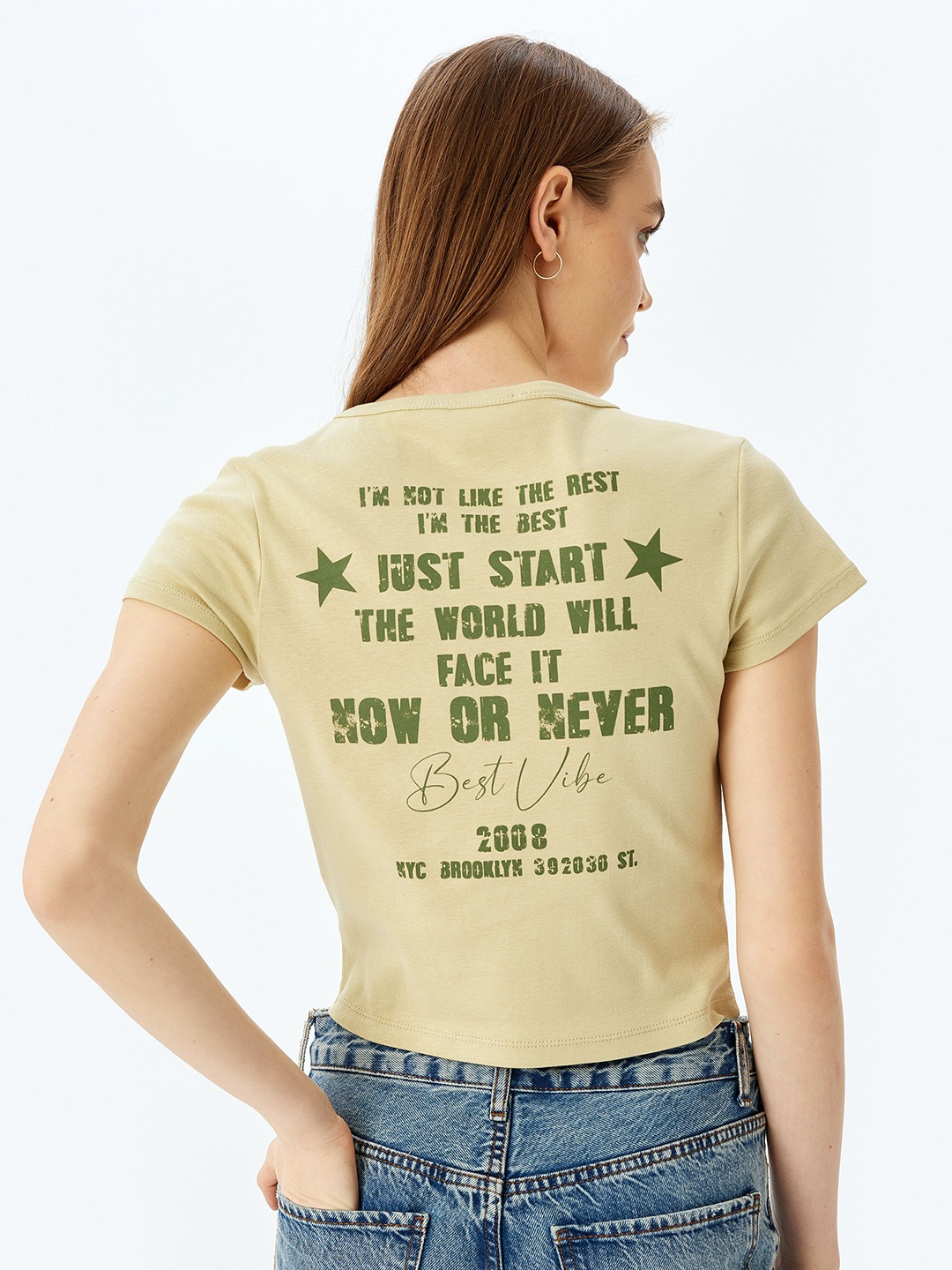 

Koton Women Typography Printed Round Neck Cotton T-shirt, Beige