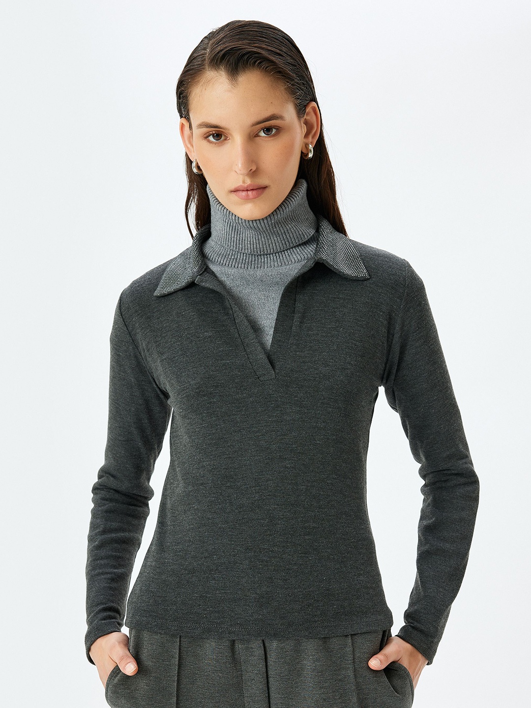 

Koton Women Solid Polo Collar Oversized T-shirt, Charcoal