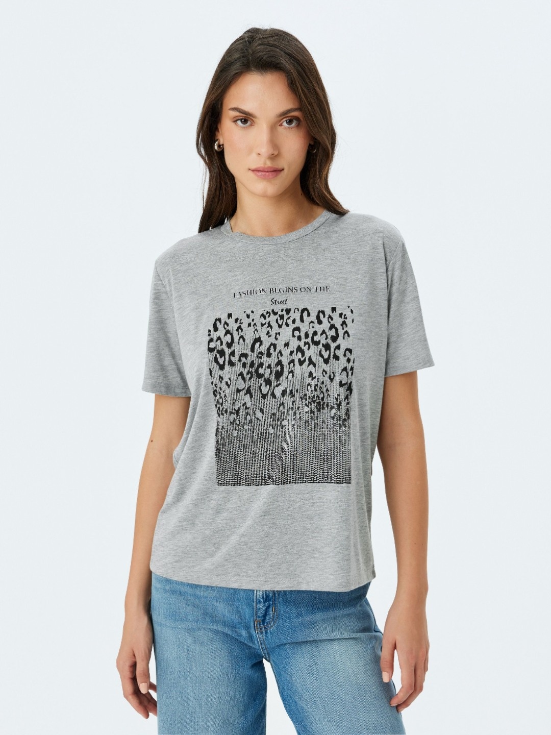Koton Women Graphic Printed Round Neck Oversized T-shirt, Grey
