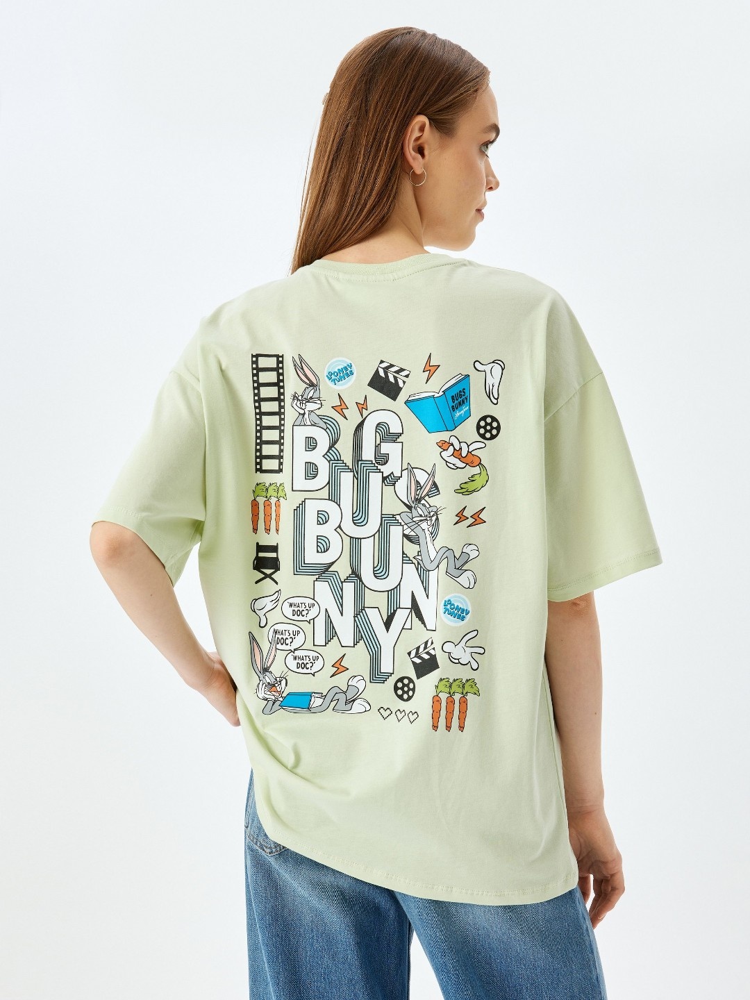 

Koton Women Graphic Printed Round Neck Cotton Oversized Bugs Bunny T-shirt, Green