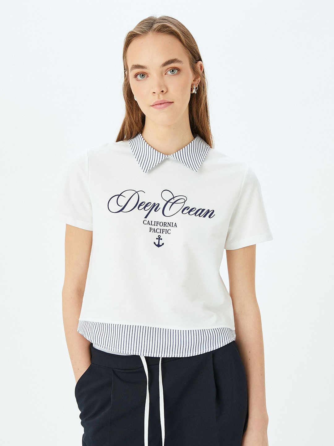 

Koton Women Typography Printed Peter Pan Collar Pure Cotton T-shirt, White
