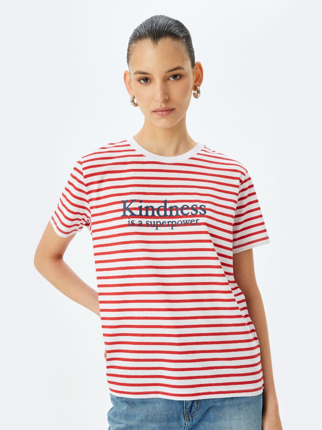 

Koton Women Striped Round Neck Cotton T-shirt, Red