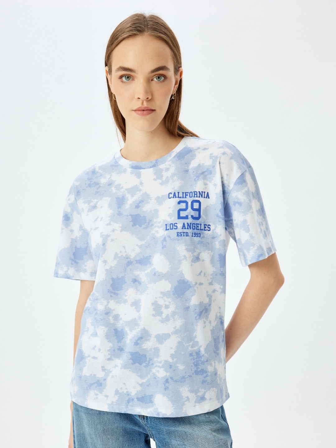 

Koton Women Dyed V-Neck Cotton Oversized T-shirt, Blue