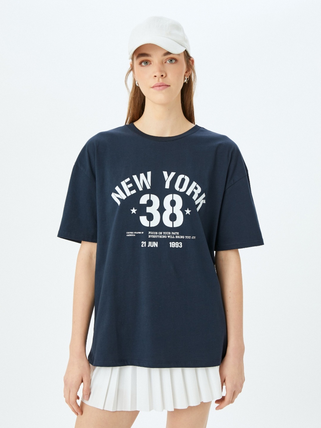 

Koton Women Typography Printed Round Neck Cotton Oversized T-shirt, Navy blue
