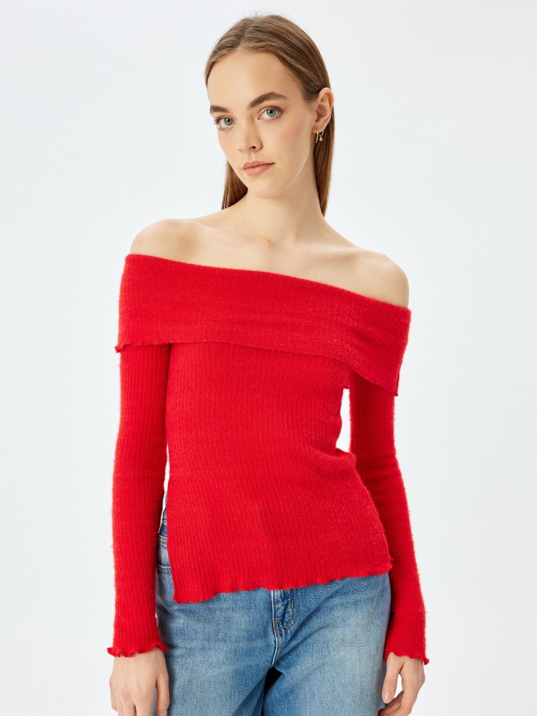 Koton Women Ribbed Off-Shoulder Neck Cold Shoulder Sleeves Casual Top, Red