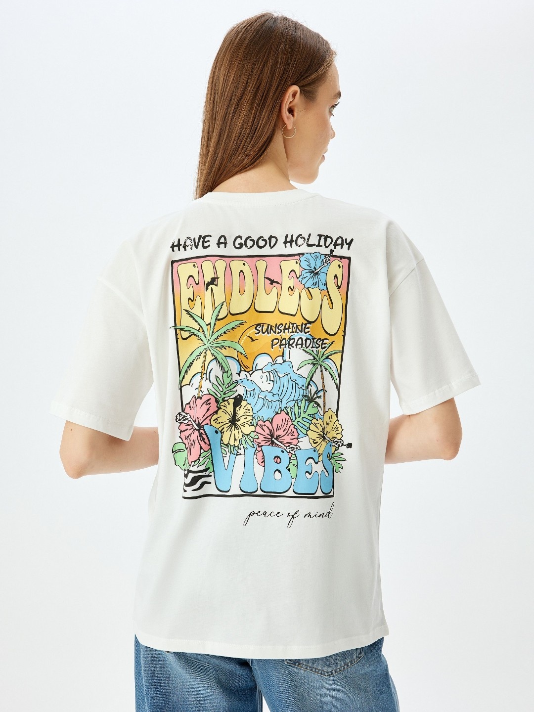 

Koton Women Graphic Printed Round Neck Cotton Oversized T-shirt, White