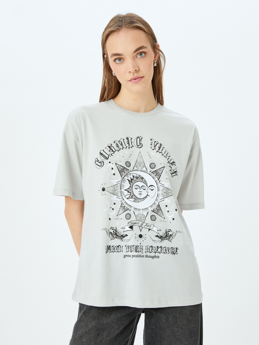 

Koton Women Graphic Printed Round Neck Cotton Oversized T-shirt, Grey