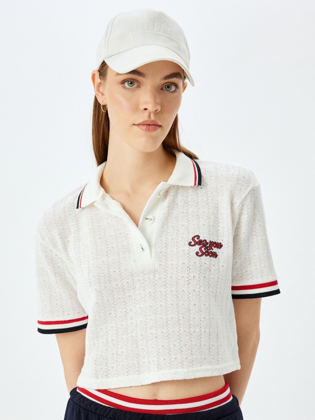 

Koton Women Self Design Polo Collar T-shirt, White