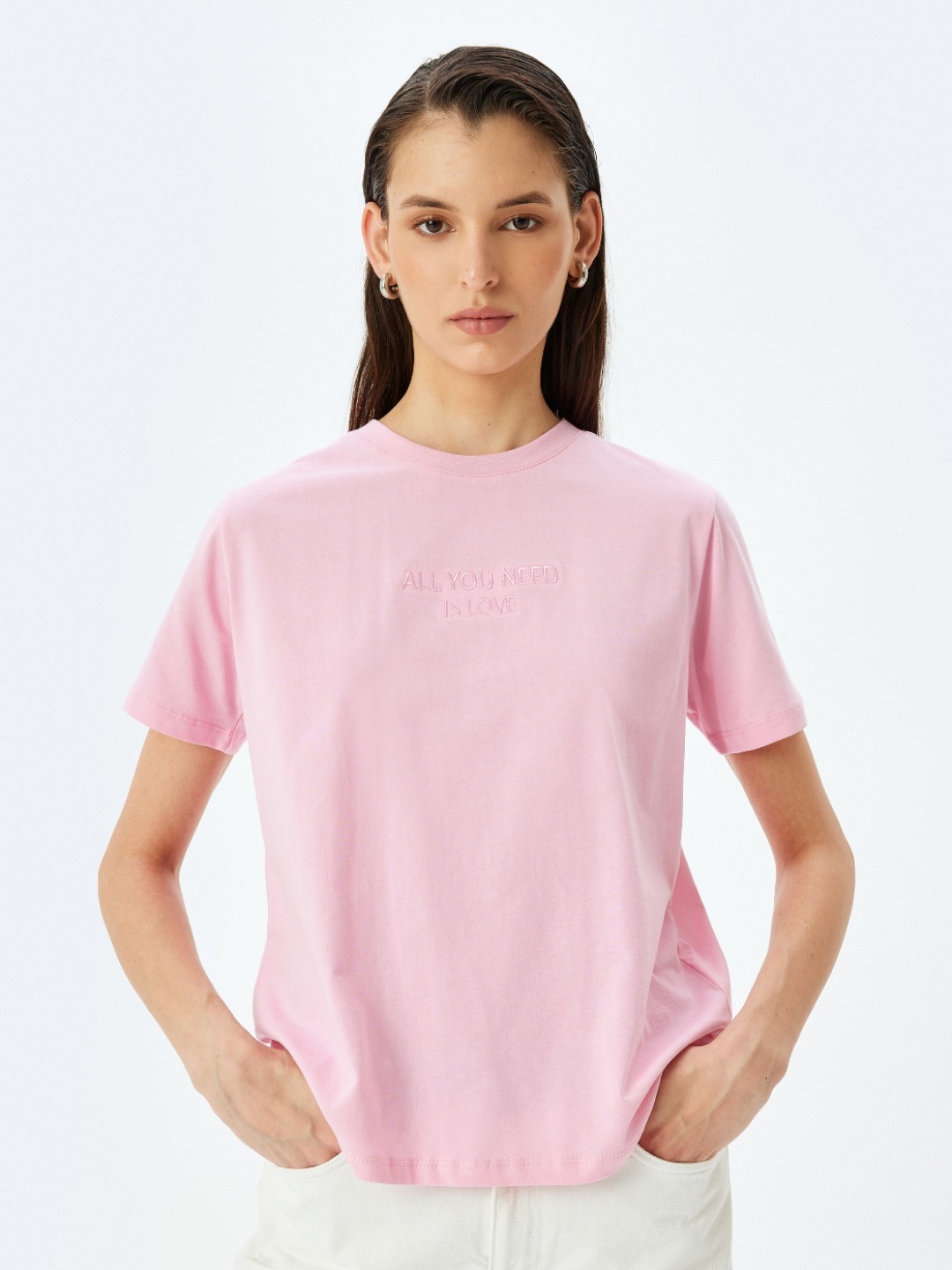 Koton Women Typography Printed Round Neck Cotton T-shirt, Pink