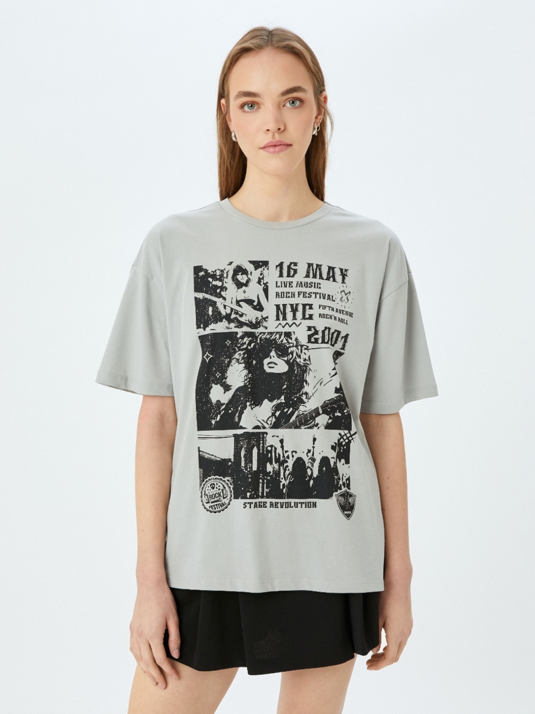 

Koton Women Graphic Printed Round Neck Cotton Oversized T-shirt, Grey