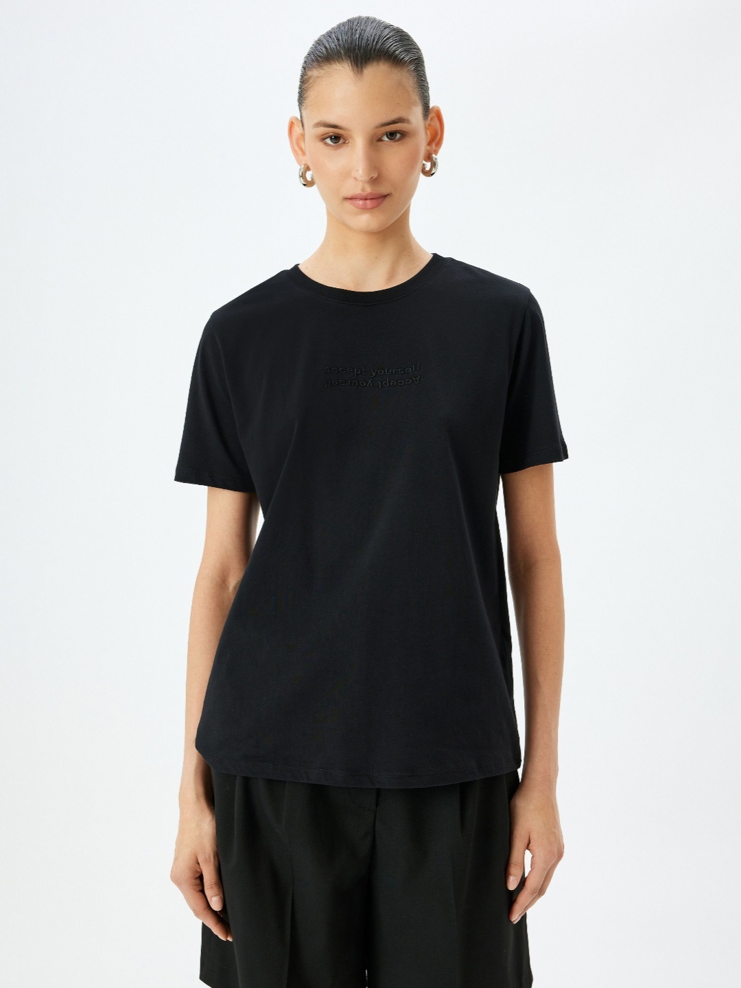 

Koton Women Typography Printed Round Neck Cotton T-shirt, Black