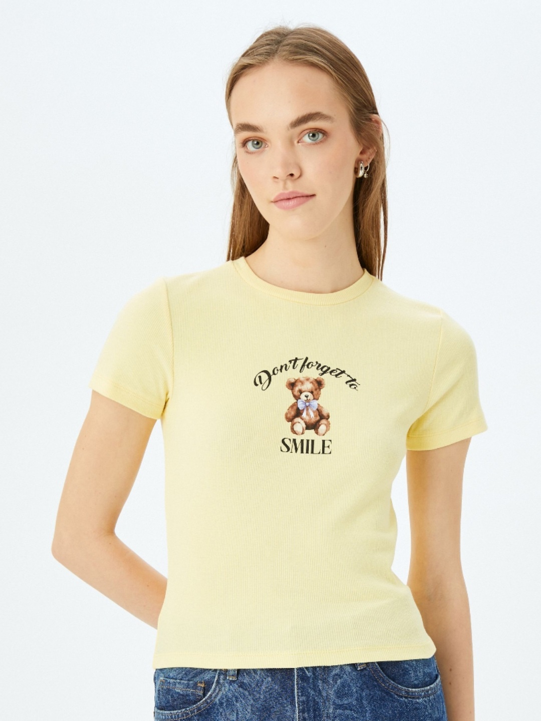 

Koton Women Typography Printed Round Neck Cotton T-shirt, Yellow