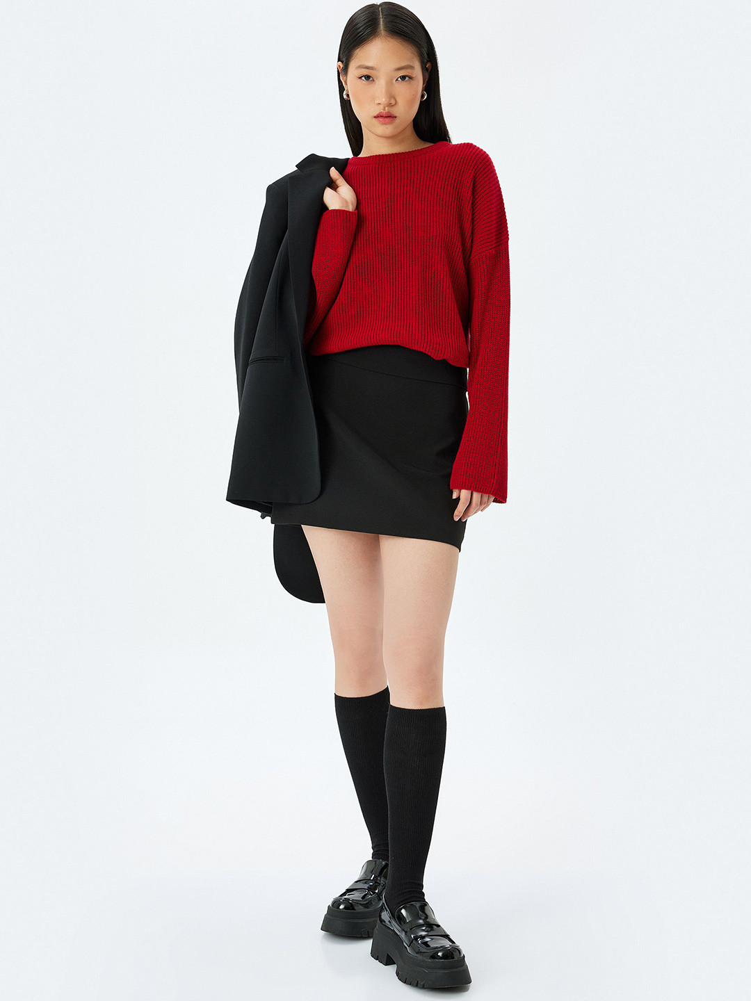 

Koton Women Ribbed Boat Neck Long Sleeves Pullover Sweaters, Red