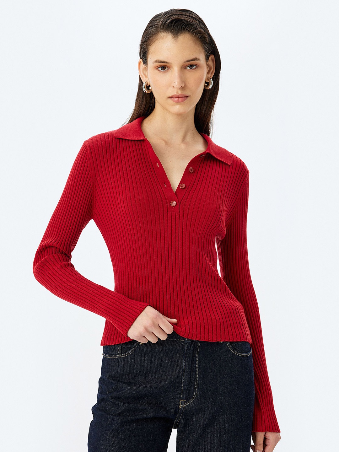 

Koton Women Self Design Ribbed Pullover, Maroon