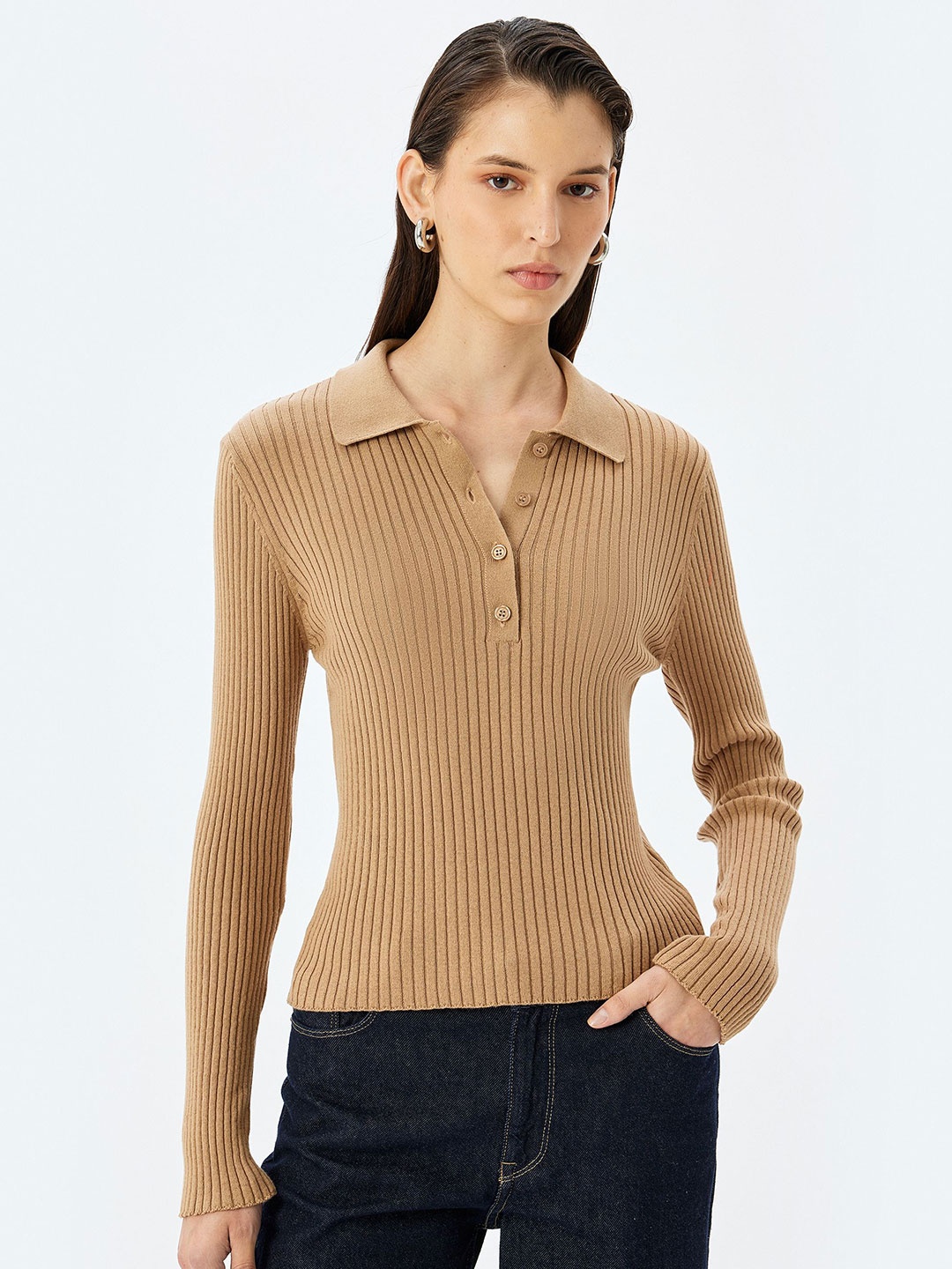 

Koton Women Ribbed Pullover, Camel brown