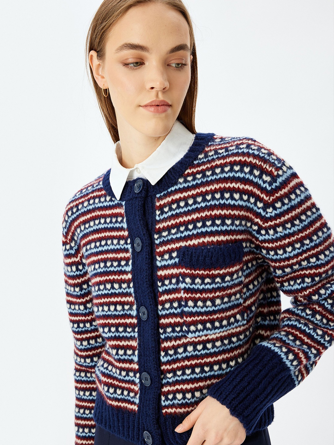 

Koton Women Quirky Printed Crop Cardigan Sweater, Blue