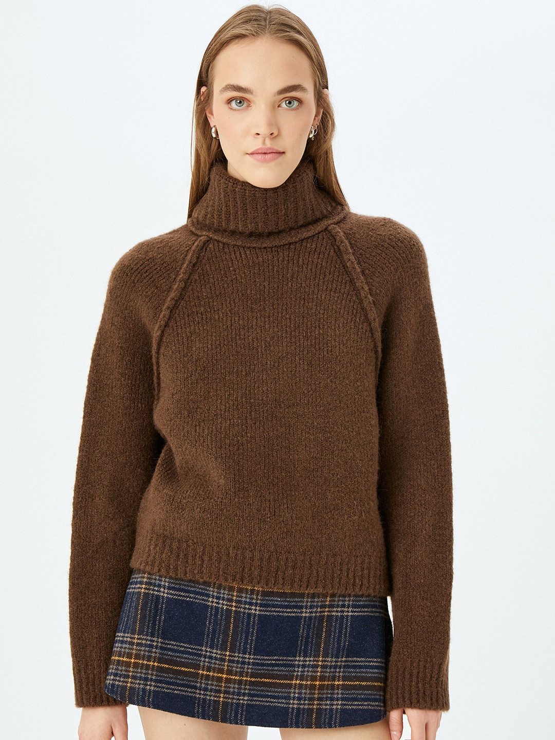 

Koton Women Turtle Neck Open Knit Pullover, Brown
