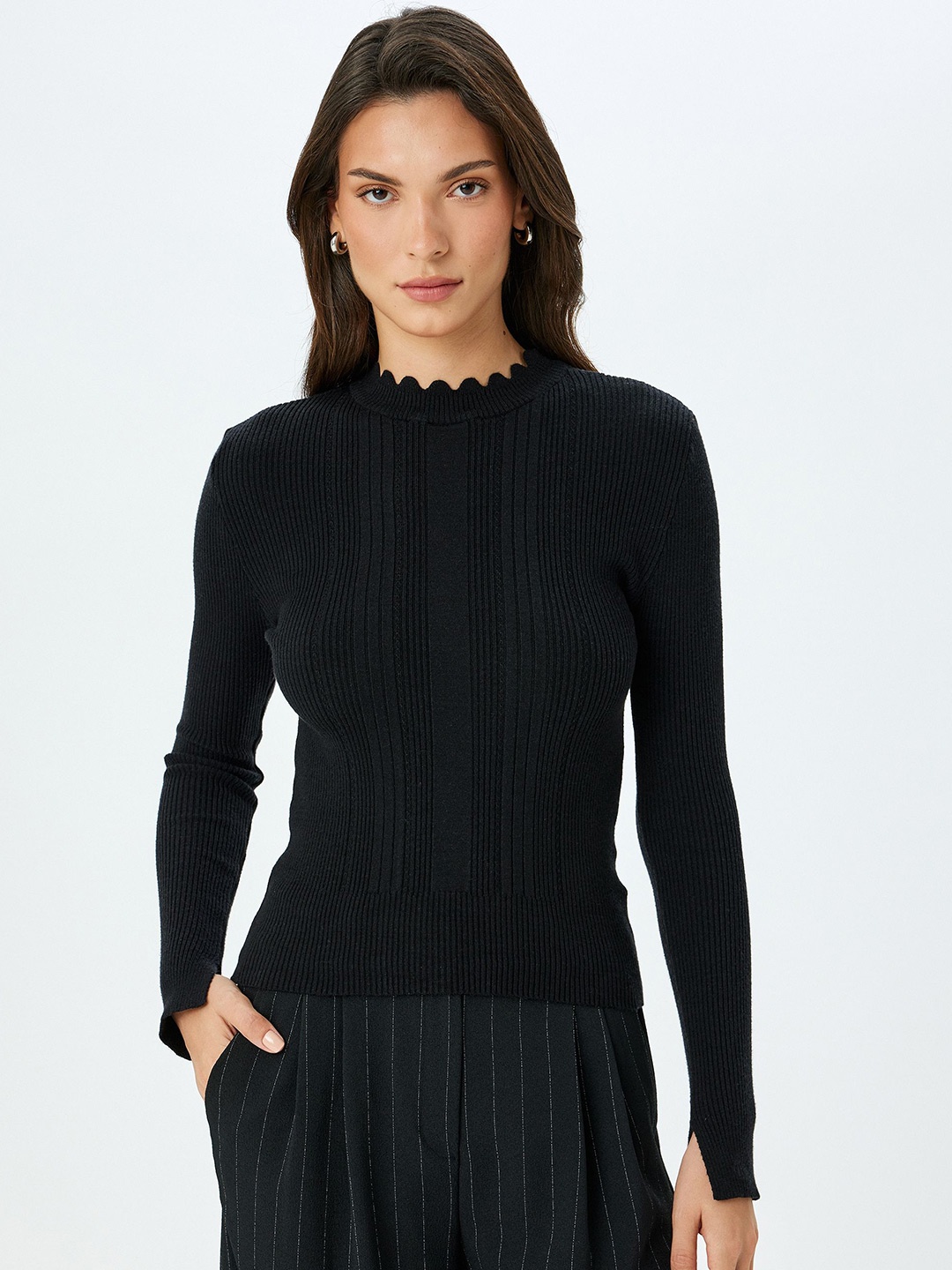 

Koton Women Ribbed Round Neck Pullover Sweater, Black