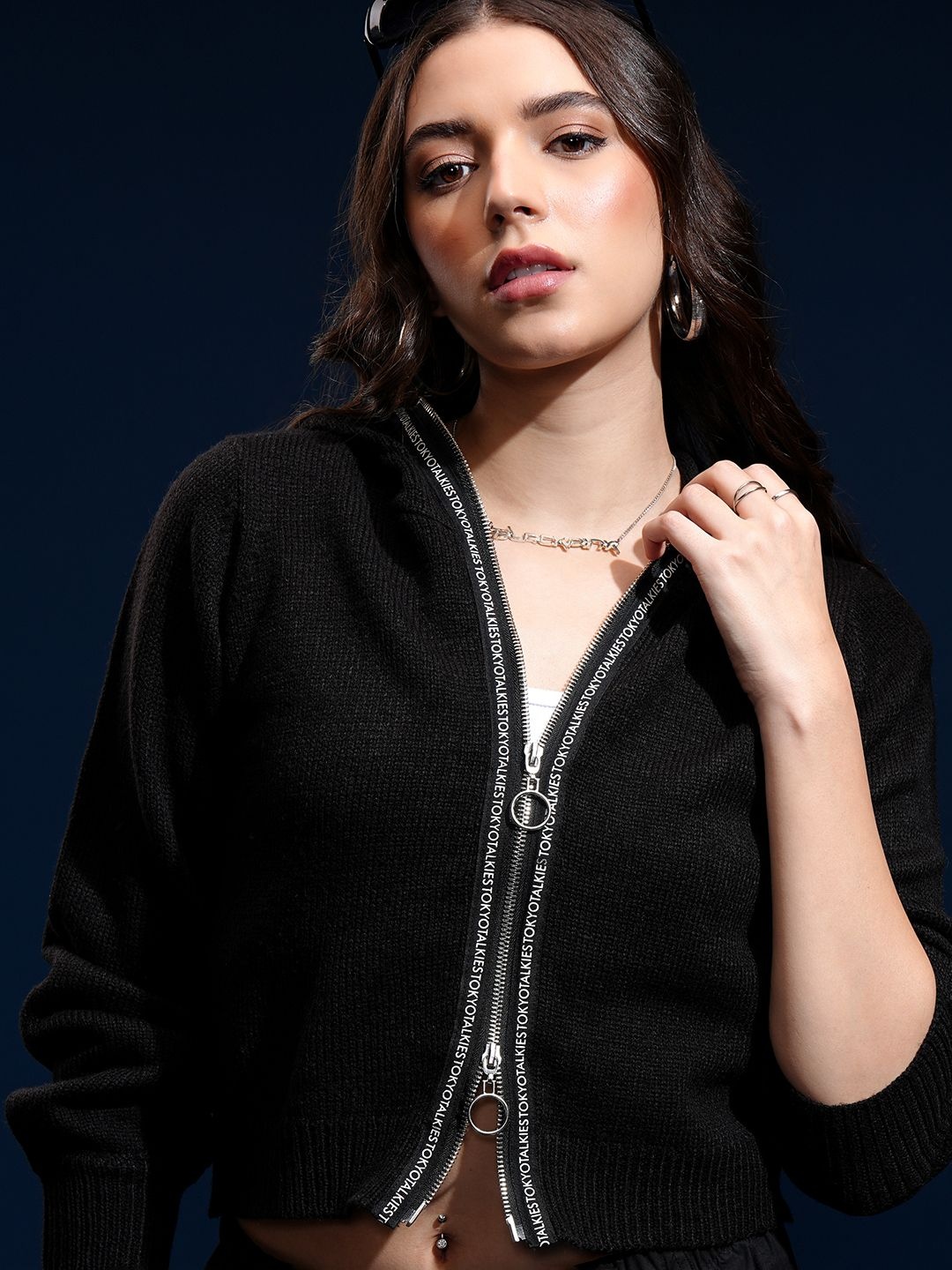 

Tokyo Talkies Women Full Sleeve Front Open Hooded Cardigan, Black