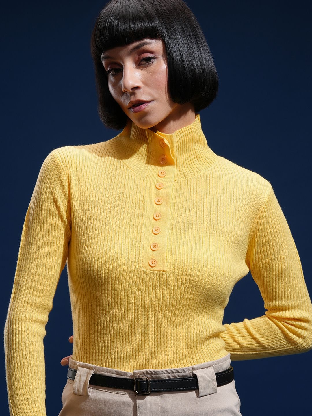 

Tokyo Talkies Women Full Sleeves Mock Neck Sweater, Yellow