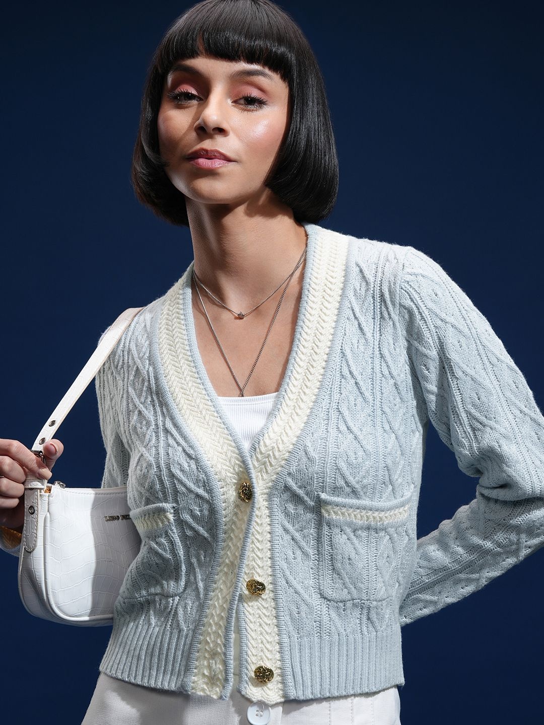 

Tokyo Talkies Women Full Sleeve Cardigan Sweater, Blue