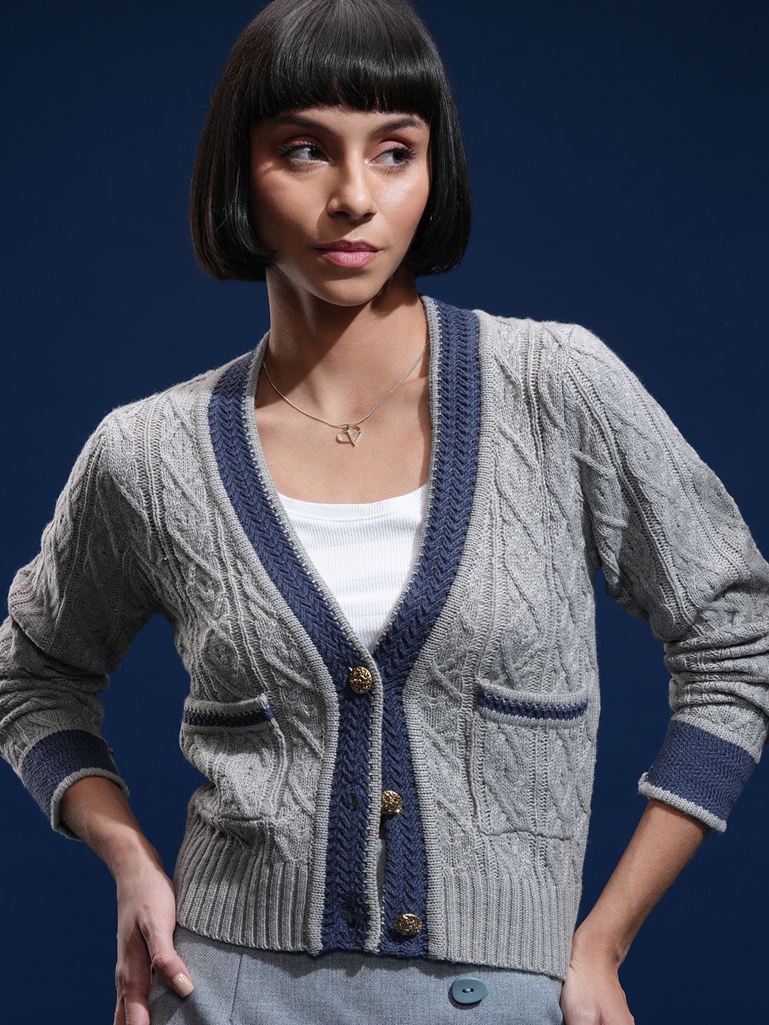 

Tokyo Talkies Women Full Sleeve Cardigan Sweater, Grey