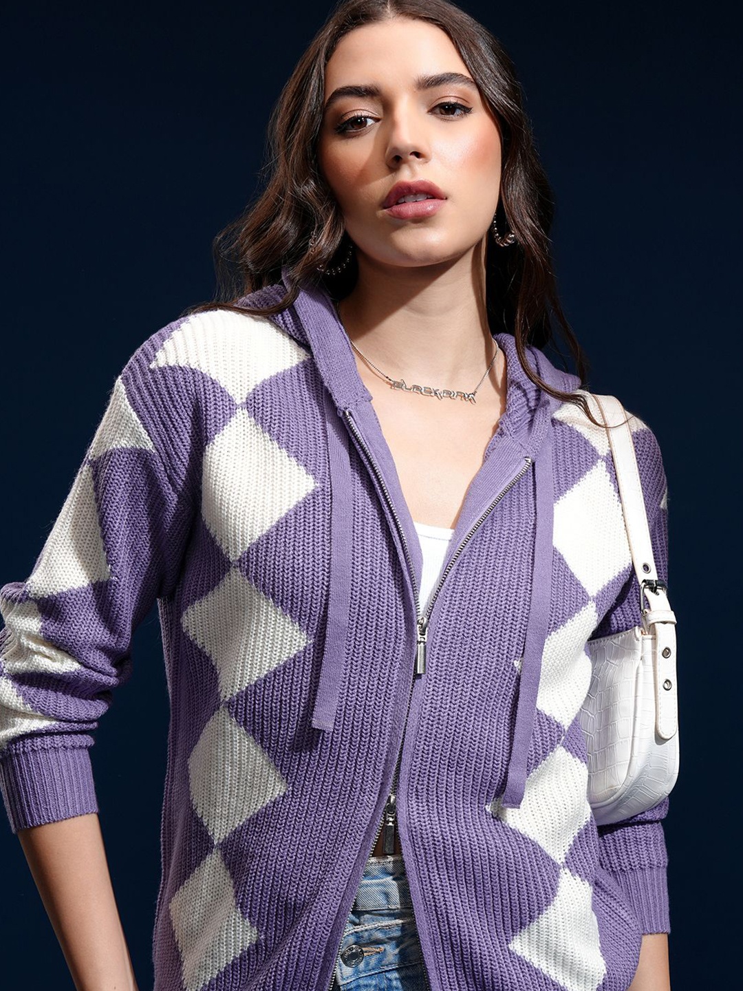 Tokyo Talkies Women Full Sleeve Front Open Hooded Sweater, Purple