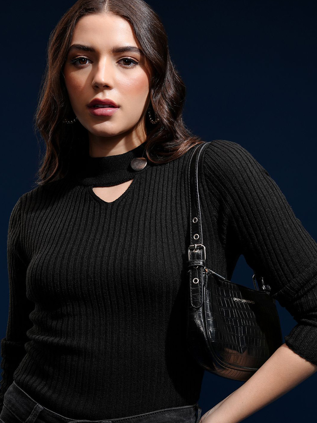 

Tokyo Talkies Women Full Sleeve High Neck Sweater, Black