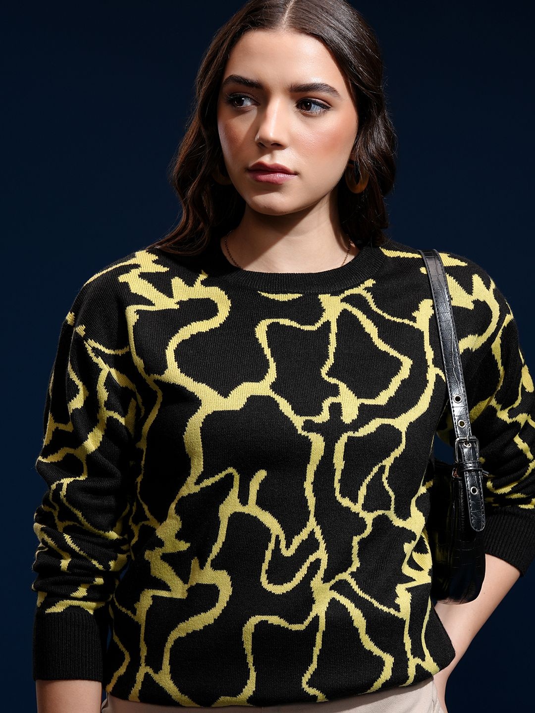 

Tokyo Talkies Women Full Sleeve Jacquard Print Sweater, Black